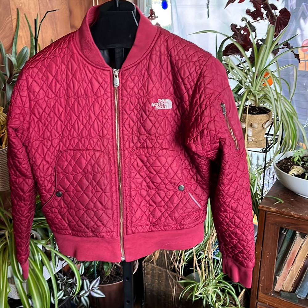 The North Face Maroon Quilted, heart shaped quilting, zipper jacket